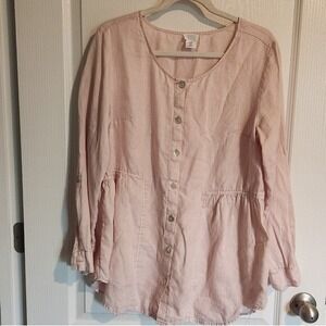 Sigrid Olsen Linen Tunic Top Pink Button Up Roll Tab Sleeves Ruffle Beach Resort